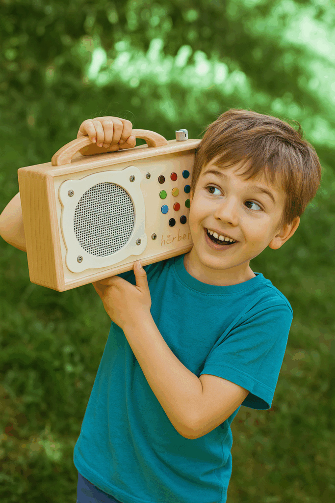 Junge trägt Hörbert Musikbox wie einen Ghettoblaster im Garten
