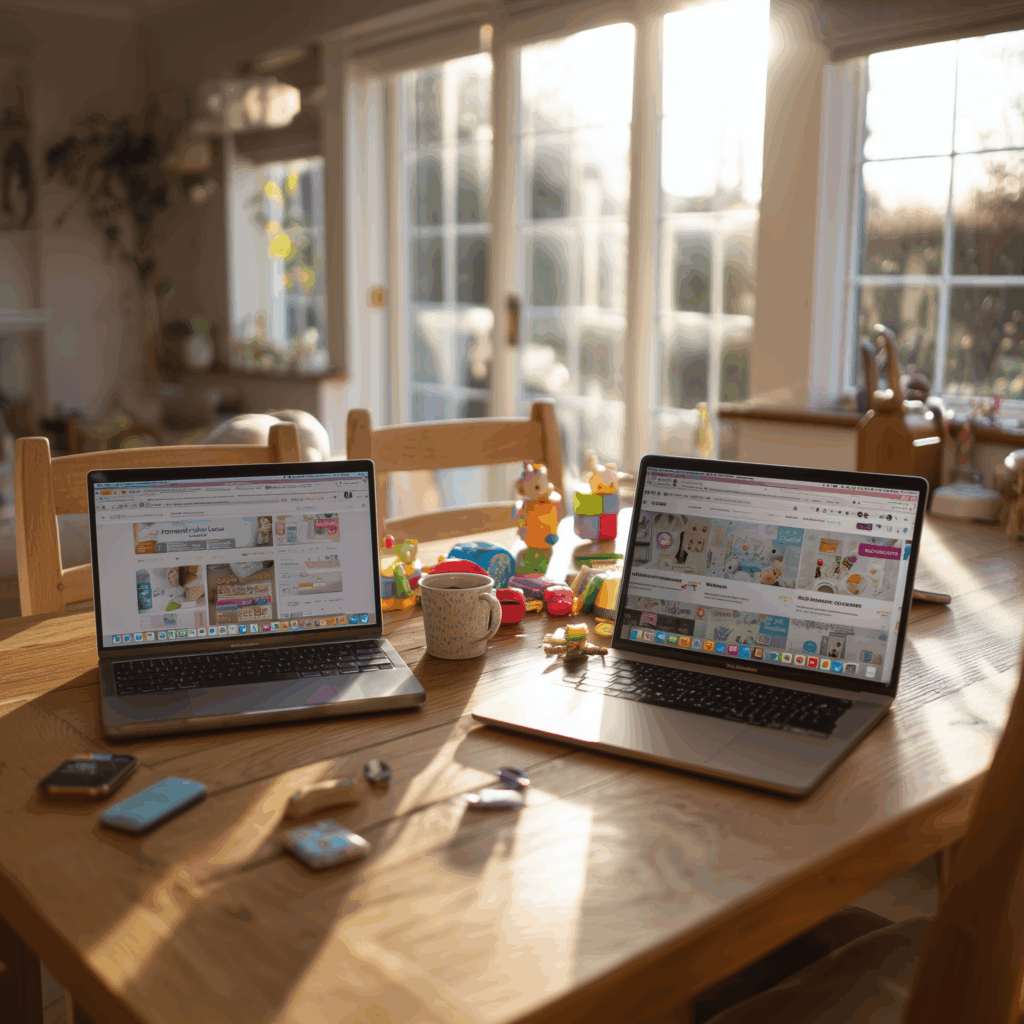 Zwei Laptops nebeneinander auf Holztisch mit geöffneten Babyphone-Preisvergleichsseiten, umgeben von Kinderspielzeug und Kaffeetasse, sonniger Familienraum im Hintergrund