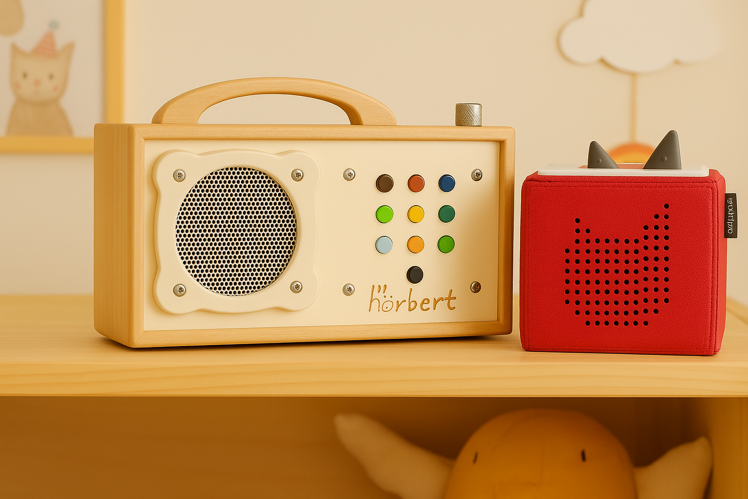 Hörbert Musikbox und Toniebox nebeneinander auf Regal im Kinderzimmer