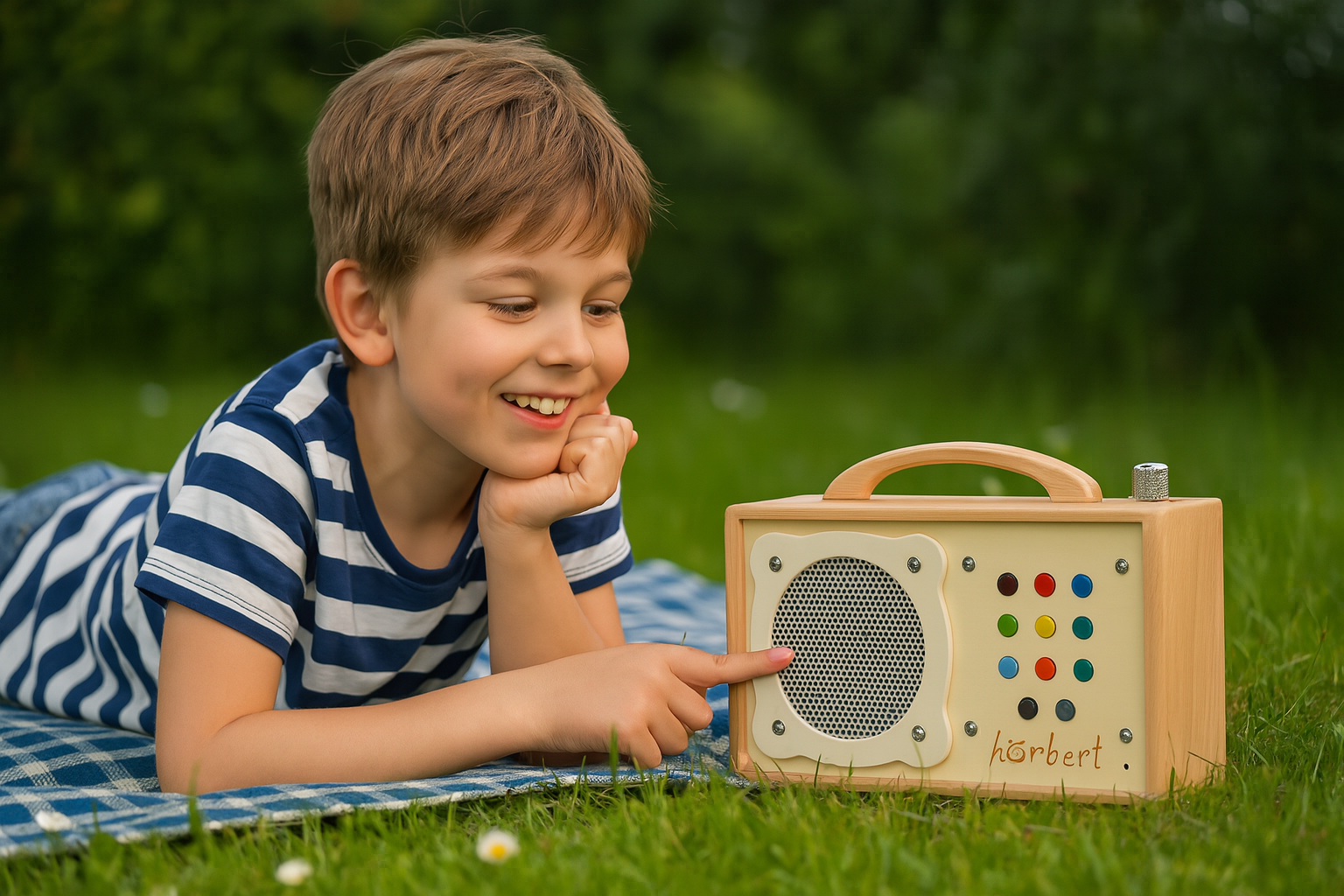 Junge spielt begeistert mit Hörbert Musikbox im Garten auf einer Decke