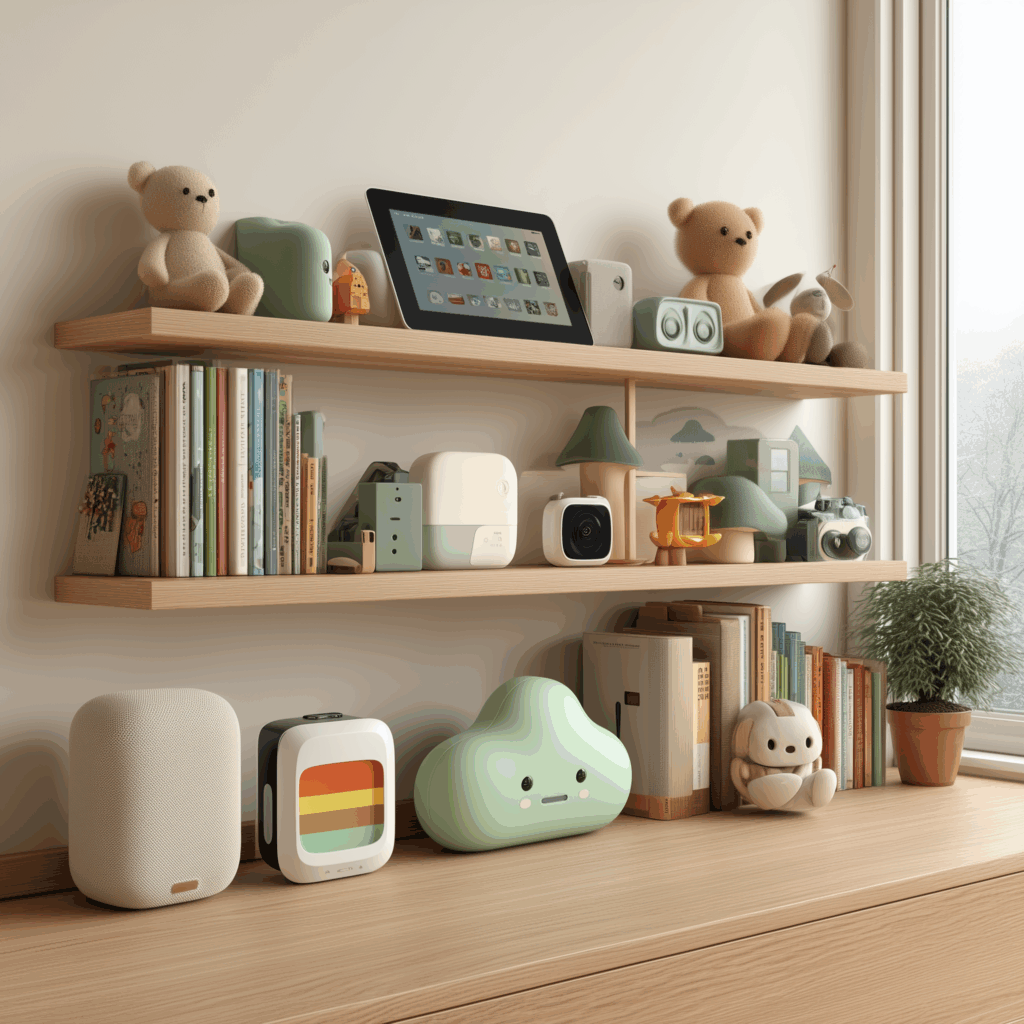Familienfreundliche Technik im Kinderzimmer – Regal mit smarten Geräten Kinderzimmer mit Regal voller familienfreundlicher Technikprodukte wie Babyphone, Kinder-Tablet, Toniebox, Nachtlicht und Bluetooth-Lautsprecher