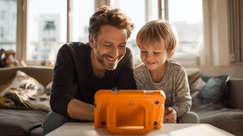 Technik für Eltern – Vater und Sohn entdecken ein Kindertablet Vater und Sohn auf dem Sofa schauen gemeinsam auf ein orangefarbenes Kindertablet – Technik für Eltern im Alltag