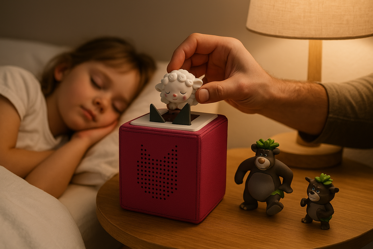 Vater setzt Tonie-Figur auf die Toniebox während sein Kind im Bett schläft