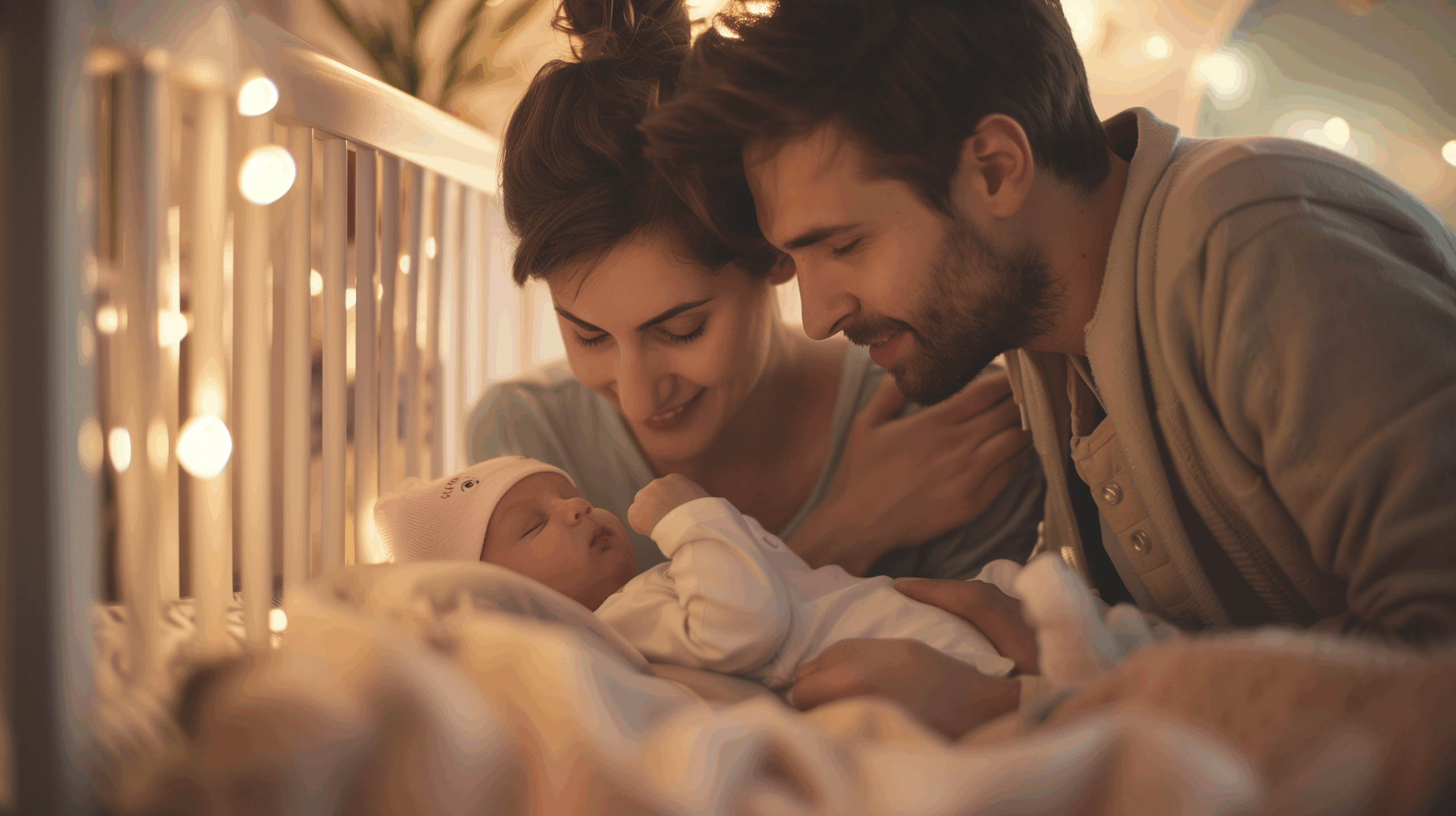 Mama und Papa beugen sich liebevoll über ihr schlafendes Baby, Symbolbild für Sicherheit und Ruhe mit Owlet Dream Sock & Cam